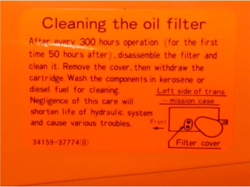 Filter Service Decal Close-up of the filter service decal Kubota affixed to early B and L series tractors equipped with screen filters.