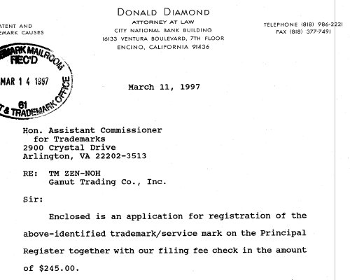 Gamut Trademark Application A cover letter dated March 11th from Gamut's lawyer sent to the United States Trademark Office.