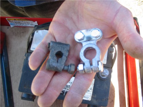 Old and New Connectors Comparison between old connectors that need replacement. The old connector had a crack all the way through its right side. This meant regardless of how tight the connector was closed around the post, a good connection would never be made.