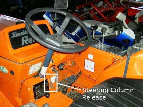 Steering Column Release Steering wheel release located next to the PTO speed lever.