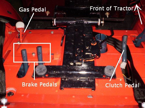 Under Seat Pedals Redundant gas, brake and clutch pedals are located under the seat (shown here tipped forward). Photo credit: <em>OrangeTractorTalks</em> reader Keith