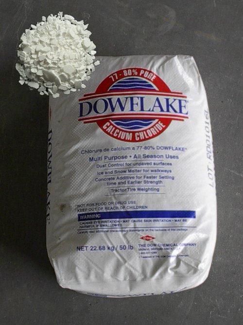 A typical 50lb bag of calcium chloride with inset image showing powder consistency.